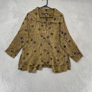 Yasuko Tunic Top Womens S/M Asian Bird Floral Button Front Artsy 100% Cotton